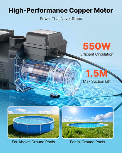 VEVOR Zwembadpomp 550 W, filterpomp max. 14.000 l/u, eentraps zwembadpomp, 3450 tpm, opvoerhoogte max. 12 m, met 24-uurs timer en filtermand, voor