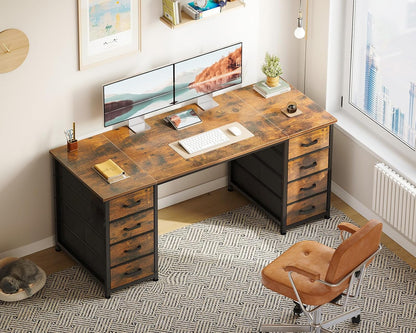 Coleshome Bureau met 8 Stoffen Laden, 140 x 48 cm, Bruin Bureau met Opbergruimte, Computertafel, Bureautafel, PC-Tafel, Kantoortafel voor Kantoor, Woonkamer, Thuiskantoor