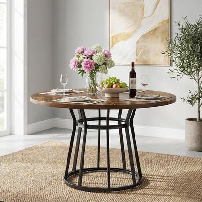 Lailang 120cm Eettafel, Eetkamertafel Rond, Kitchen Dining Table, Houten Eettafel, Dining Table For 4, 120 x 120 x 75 cm, Brown Black