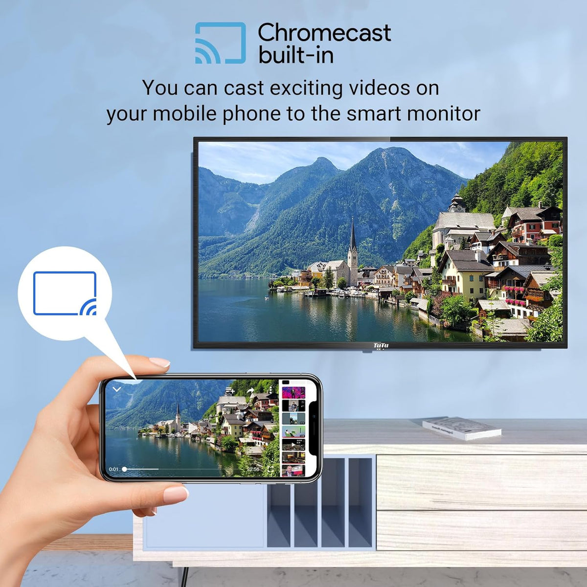 TuTu Smart Monitor 25 Inch Full HD-monitor met luidsprekers, aangedreven door Android, WiFi, Bluetooth, spraakbesturing met Google Assistant met afstandsbediening, Chromecast ingebouwd