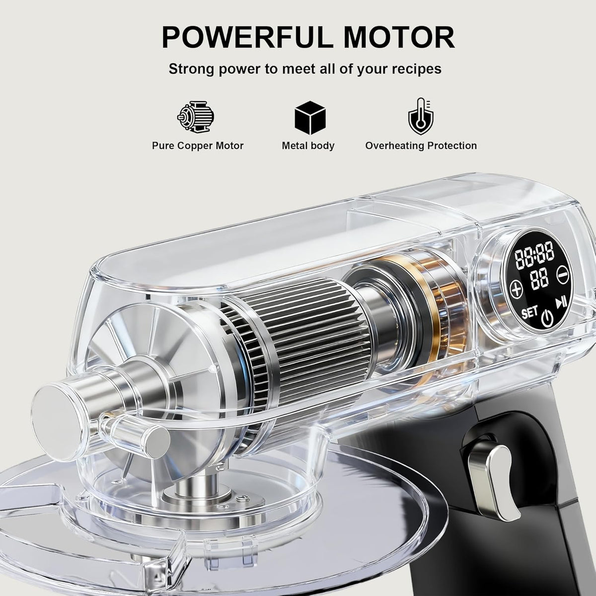 Camic Keukenmachine, 1800 W, volledig metaal, met kom van roestvrij staal, 8 l, 10 snelheden, led-touchscreen, timer, deegmixer met garde, kneedhaak en mixer voor het bereiden van taarten en brood