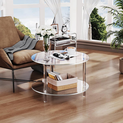 Acryl salontafel voor woonkamer, rond, Lucite tafel met open opbergrek, doorzichtig
