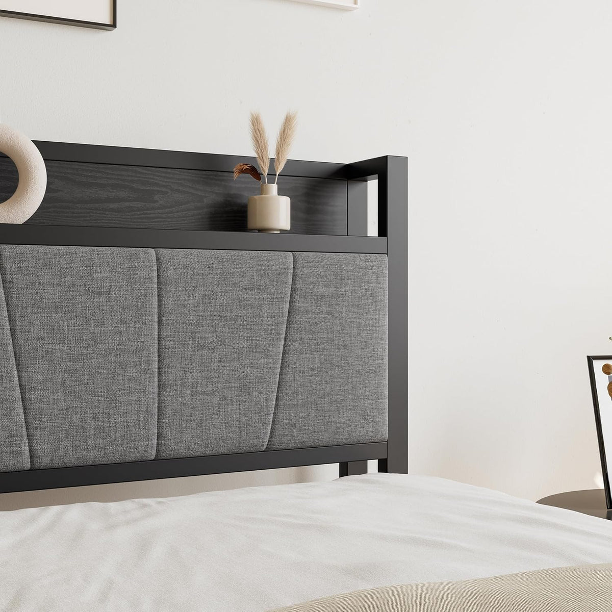 91 cm eenpersoonsbedframe met opberghoofdeinde, zwaar metalen gestoffeerd platformbedframe, matrasstichting/sterke stalen lattenondersteuning/opslag onder bed/eenvoudige montage/zwart