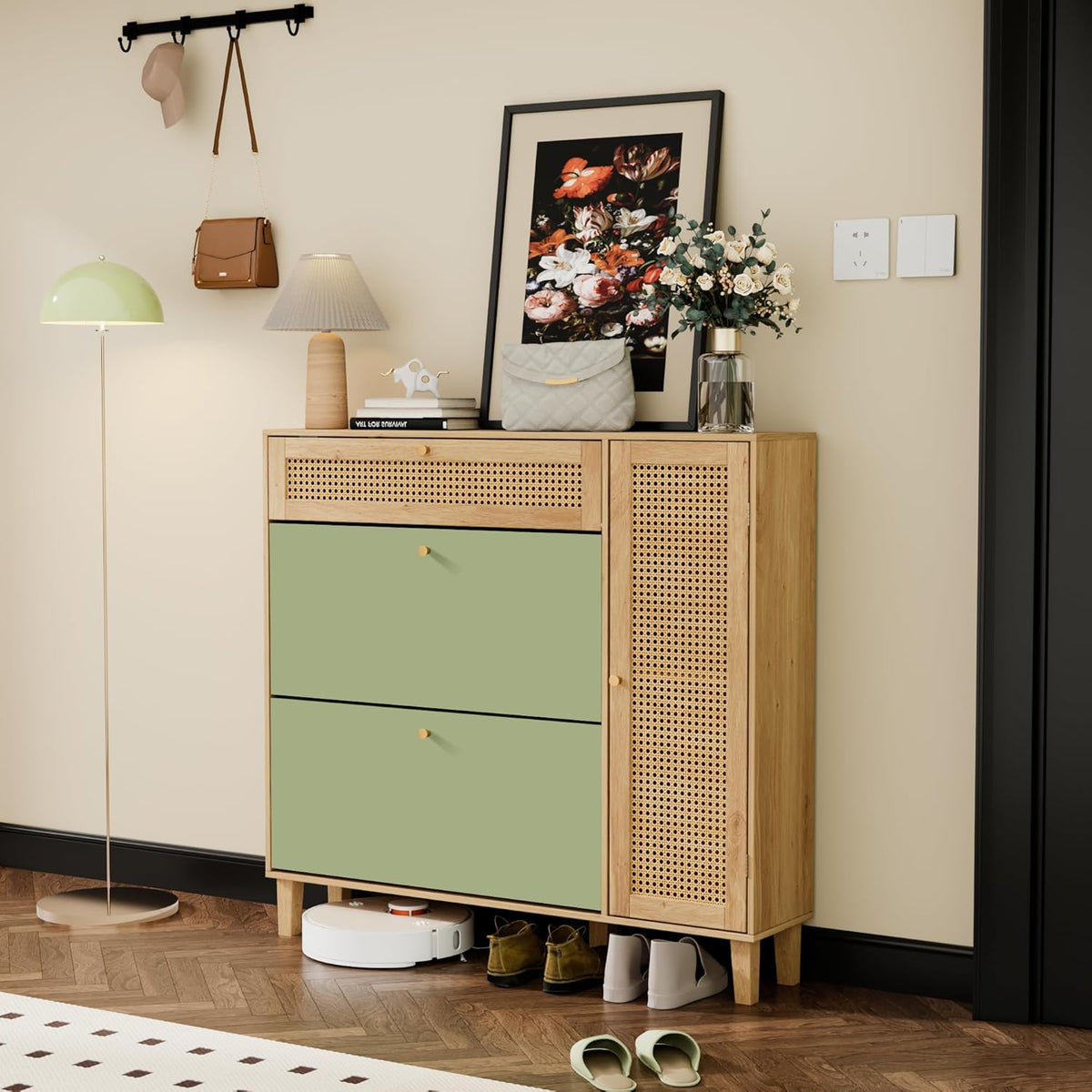 Schoenenkast – Schoenenrek – Entreekast – Opbergkast – Schoenopberger – Groen en Naturel – Compact 24 cm Diep – Verstelbaar Binnenrek
