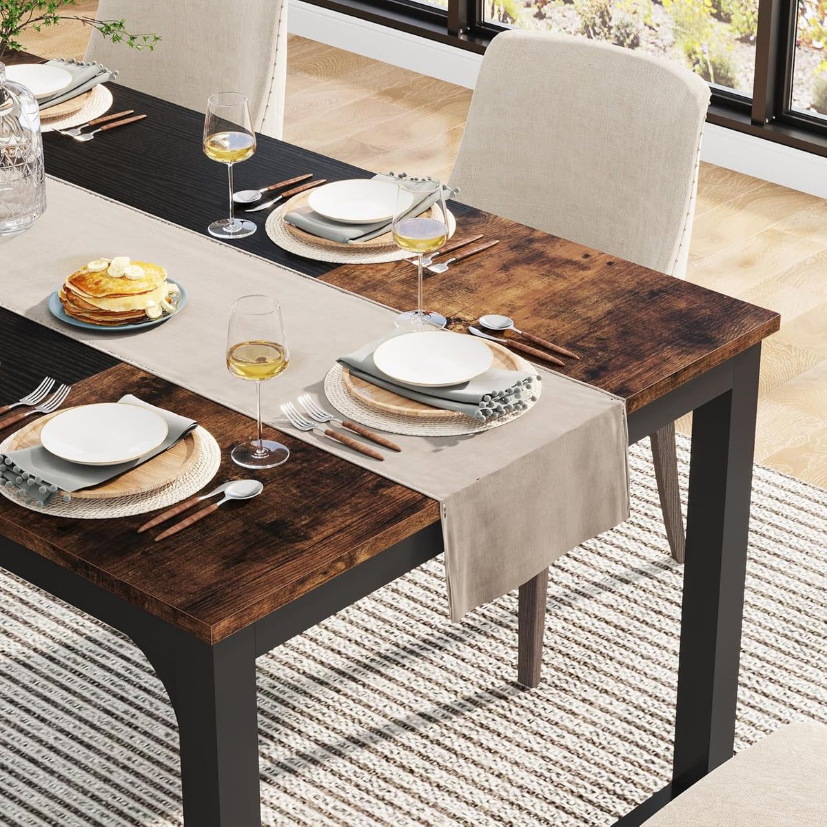 Tribesigns Dining Table 160x80cm for 4-6 People, Rectangular Industrial Kitchen Table with Robust Metal Legs, Large Dining Room Table for Kitchen and Living Room (Rustic Brown) - QUORE