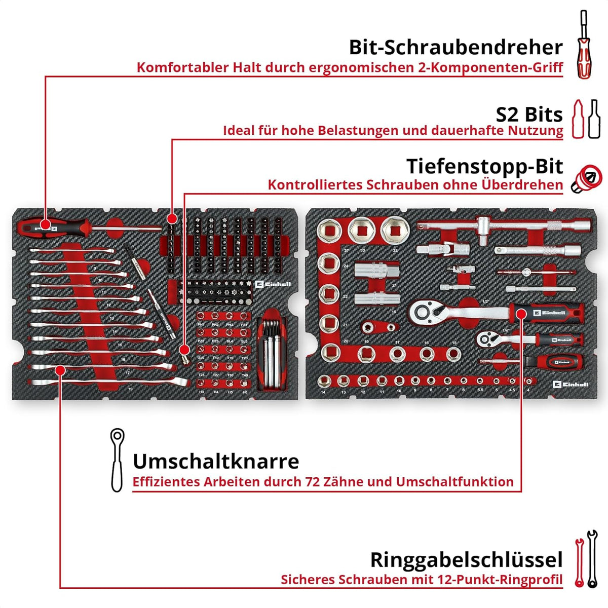 Einhell mechanische gereedschapskoffer, e-case, 201-delig (multifunctioneel, set, steeksleutels, e-case-systeem)