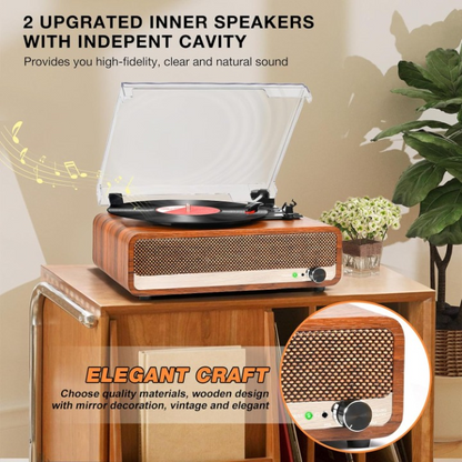Platenspeler - Geïntegreerde Luidsprekers - Vintage Fonograaf - met Bluetooth-Riemaandrijving - 3 snelheden - voor Muziekgenot - Woondecoratie - Hout - Oranje/Geel