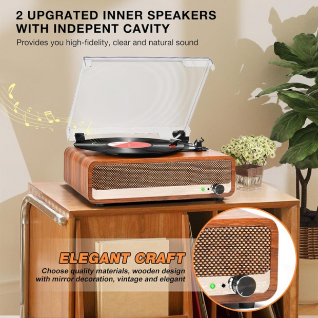 Platenspeler - Geïntegreerde Luidsprekers - Vintage Fonograaf - met Bluetooth-Riemaandrijving - 3 snelheden - voor Muziekgenot - Woondecoratie - Hout - Oranje/Geel