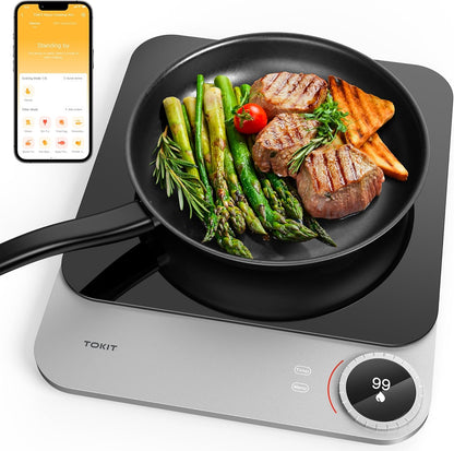 TOKIT Inductiekookplaat, 2100 W, enkele inductiekookplaat, draagbaar, 99 vermogensniveau, met oled-display, timer, 20 mm, ultradunne app-controle, temperatuursensor, van glas