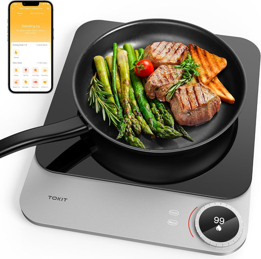 TOKIT Inductiekookplaat, 2100 W, enkele inductiekookplaat, draagbaar, 99 vermogensniveau, met oled-display, timer, 20 mm, ultradunne app-controle, temperatuursensor, van glas