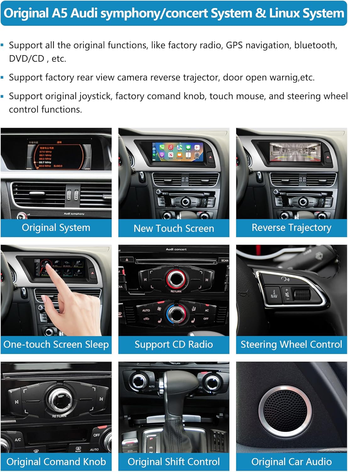 Ninetom Autoradio 8,9 inch touchscreen met draadloze Carplay en Android auto voor 2008-2016 Audi A5 S5 met 2G MMI-systeem, ondersteunt mirrorlink, camera, navigatie