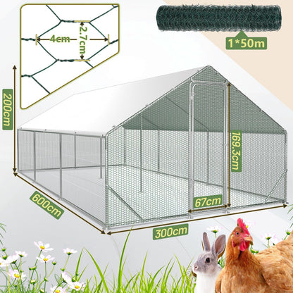 3 x 6 x 2 m chicken coop with door and latch, for chickens, rabbits, geese, pigeons and quails, metal run with net - QUORE