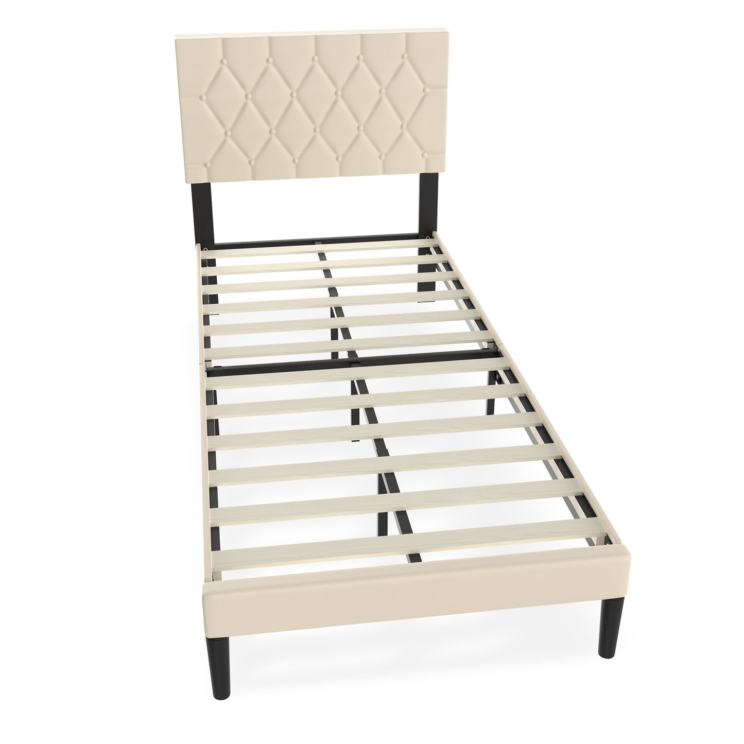 Bedframe – Logeerbed – Metalen Bed – Gestoffeerd Bed – Eenpersoonsbed – 90x200 cm – Kunstleer Hoofdbord – Stevig Metalen Frame – 12 Lattenbodem – Maximale Draagkracht 300 kg