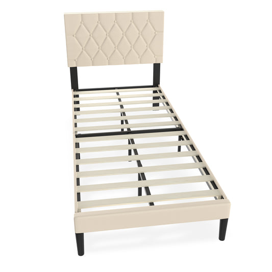 Bedframe – Logeerbed – Metalen Bed – Gestoffeerd Bed – Eenpersoonsbed – 90x200 cm – Kunstleer Hoofdbord – Stevig Metalen Frame – 12 Lattenbodem – Maximale Draagkracht 300 kg