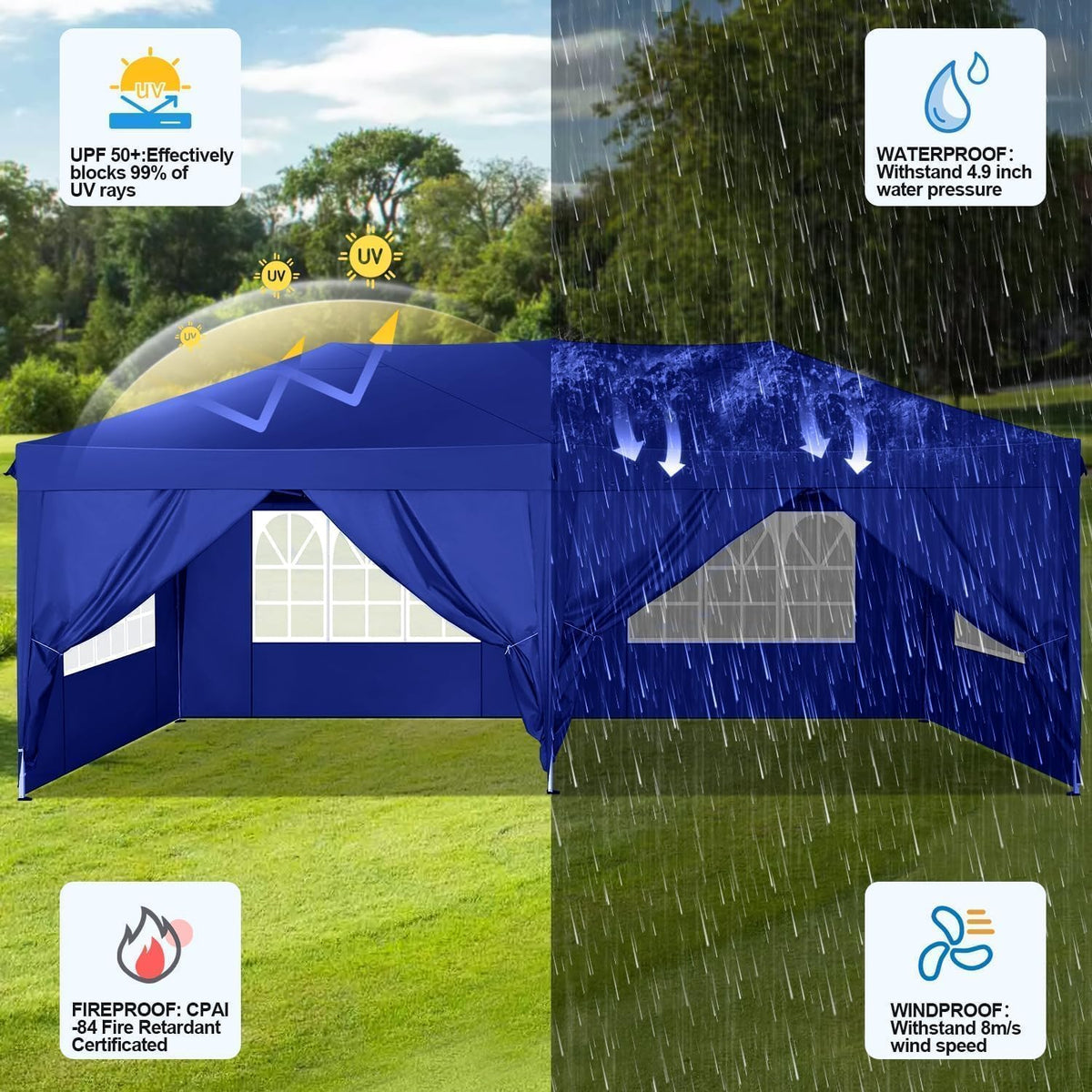 COBIZI Vouwpaviljoen, 3 x 6 cm, waterdicht, winterbestendig, pop-up paviljoen, inklapbaar, 3x6 tent met 6 zijwanden, 3 in hoogte verstelbaar, uv-bescherming, tuinpaviljoen, partytent voor markt,