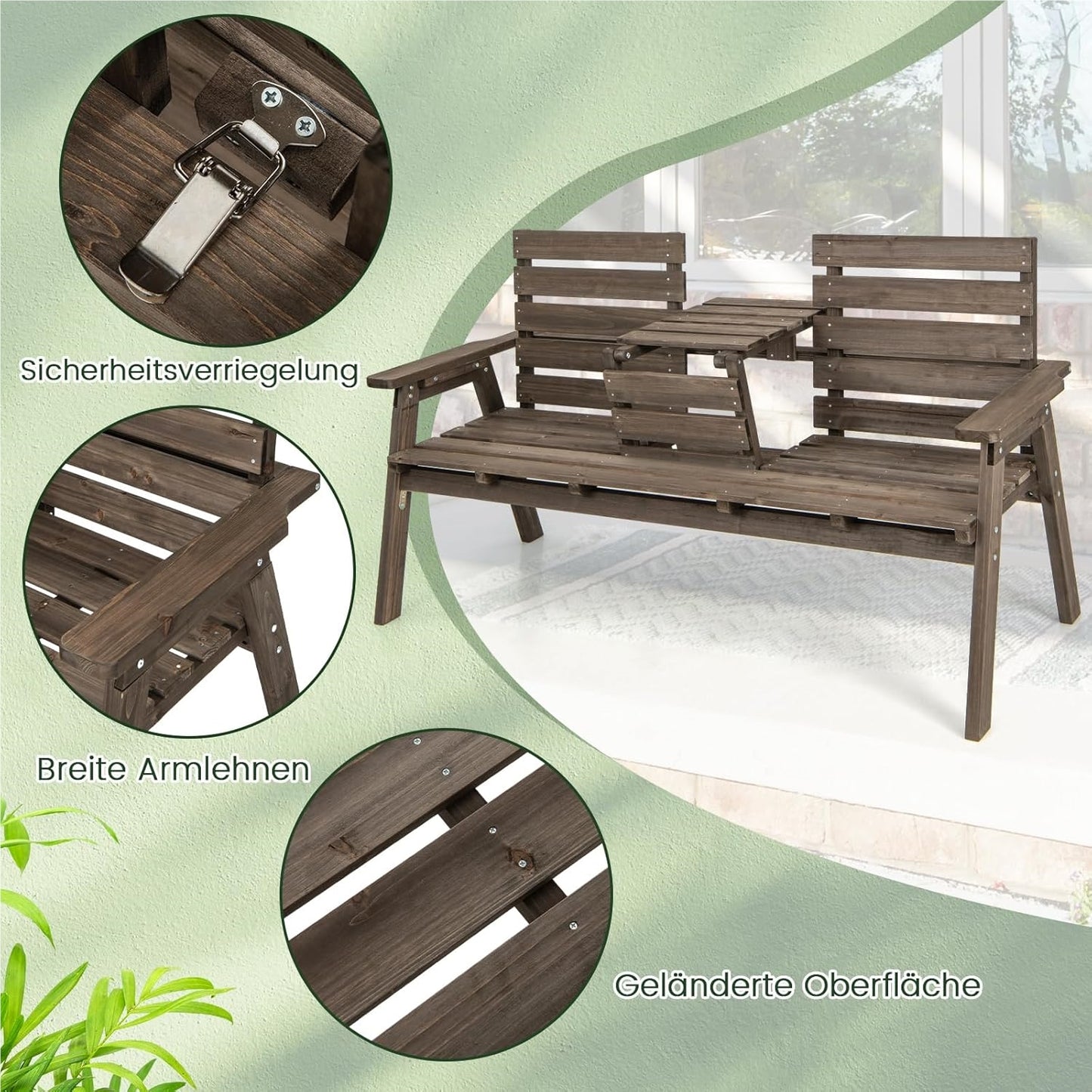 Houten Tuinbank – Buitenbank – Parkbank – Balkonbank – Terrasbank – Opvouwbare Middentafel – Belastbaar Tot 320 Kg – 160x64x86 Cm