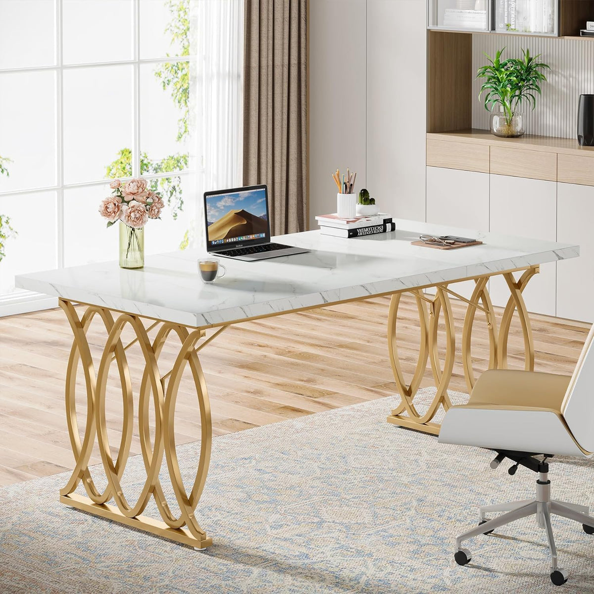 Tribesigns Executive Desk, 160 cm W Large Computer Desk, Modern Desk, Conference Table, Conference Table, Business Furniture for Home Office, White and Gold