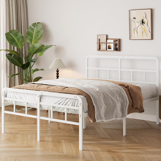 Bedframe 160 x 190 met Hoofdbord en Voeteneind, 46 cm Hoogte Metaal Tweepersoonsbed met Zware Metalen Lattenbodem, Minimalistisch Ontwerp, Eenvoudig te Monteren, Geluidsarm, Wit