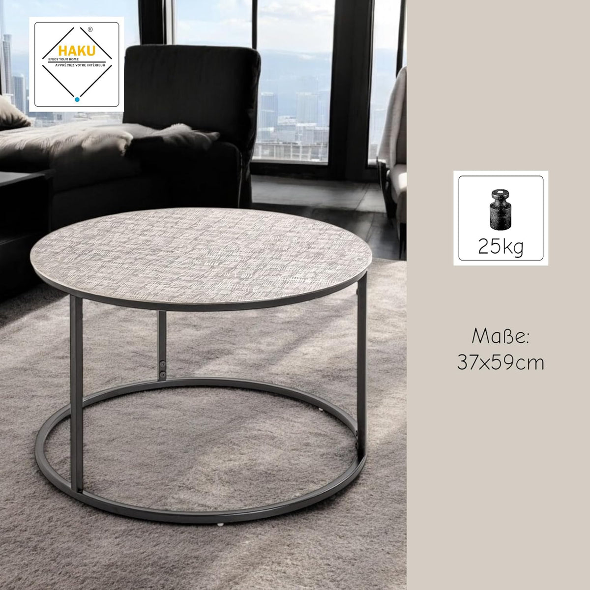HAKU Bijzettafel zwart, zilver, metaal - Maat: H 37 cm x Ø 59 cm, Stijl: Modern