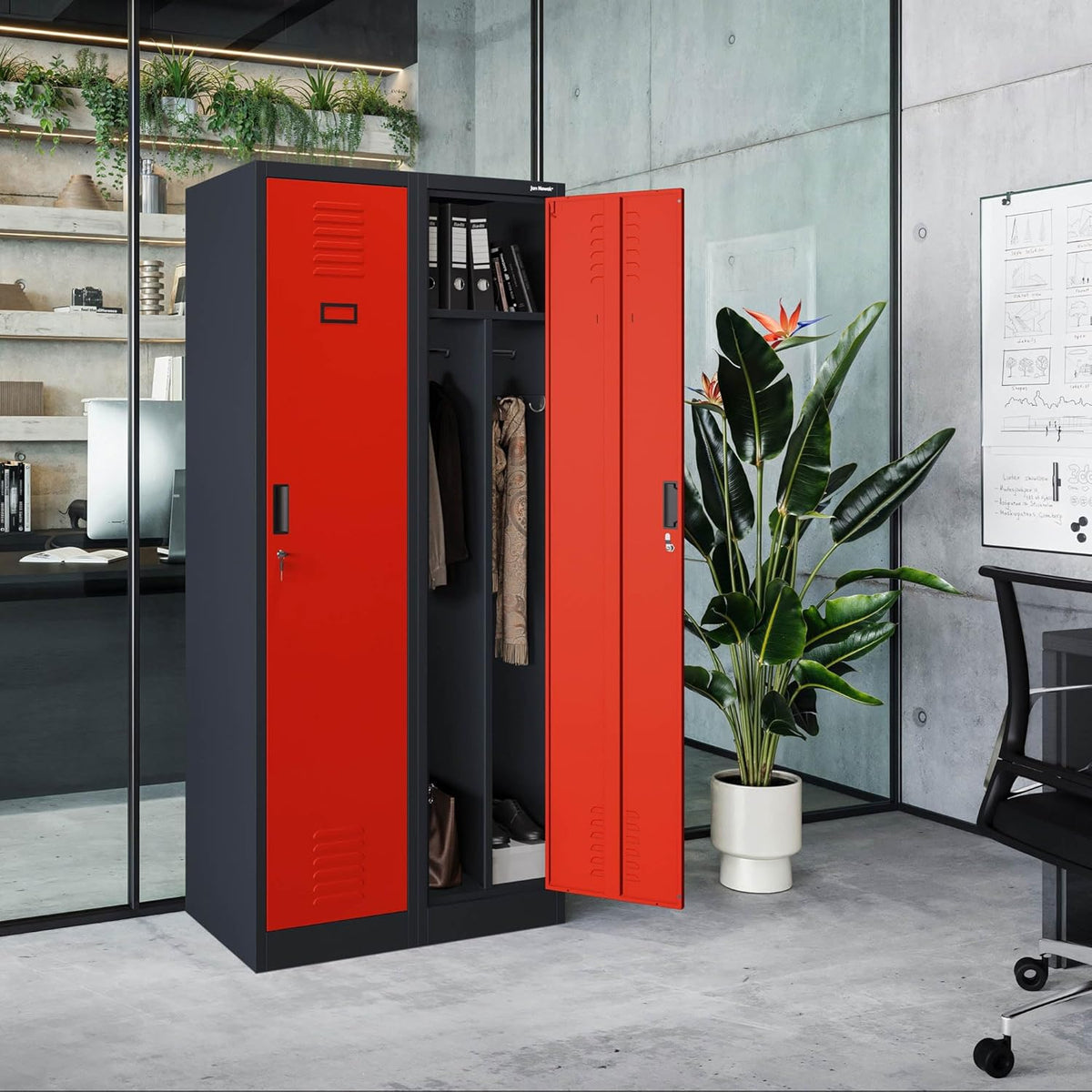 Stalen Kast Garderobekast Dubbele kast 2 compartimenten Etikethouder Scheidingswand Ventilatiesleuven Poedercoating 180 cm x 80 cm x 50 cm (Antraciet-Rood)