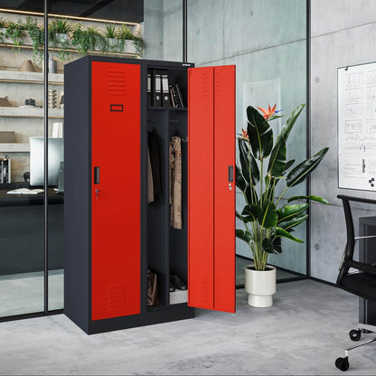 Stalen Kast Garderobekast Dubbele kast 2 compartimenten Etikethouder Scheidingswand Ventilatiesleuven Poedercoating 180 cm x 80 cm x 50 cm (Antraciet-Rood)
