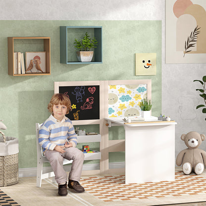 Kinderbureau met Stoel – Kindermeubel – Speeltafel – Tekenbureau – Kindertafel – 3-in-1 Design – Inklapbaar Krijtbord – Ruime Opbergruimte – MDF Wit – Voor 3 tot 8 Jaar