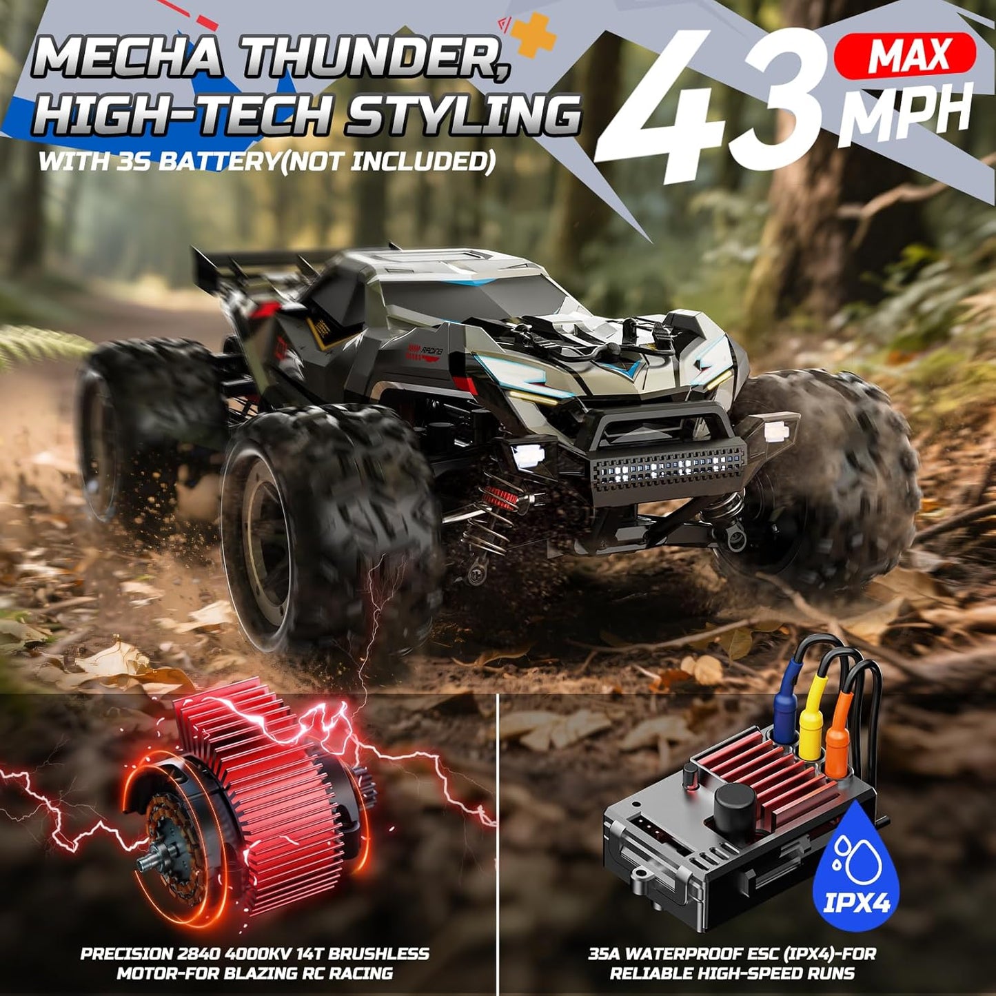 DEERC Snelle borstelloze RC-auto's voor jongens en volwassenen, 1:18 RC off-road vrachtwagen, 4 x 4 off-road race meca, 50 minuten, waterdichte op afstand bestuurde monstertruck, compatibel met