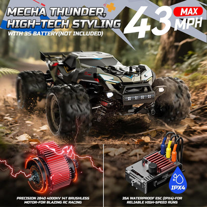 DEERC Snelle borstelloze RC-auto's voor jongens en volwassenen, 1:18 RC off-road vrachtwagen, 4 x 4 off-road race meca, 50 minuten, waterdichte op afstand bestuurde monstertruck, compatibel met