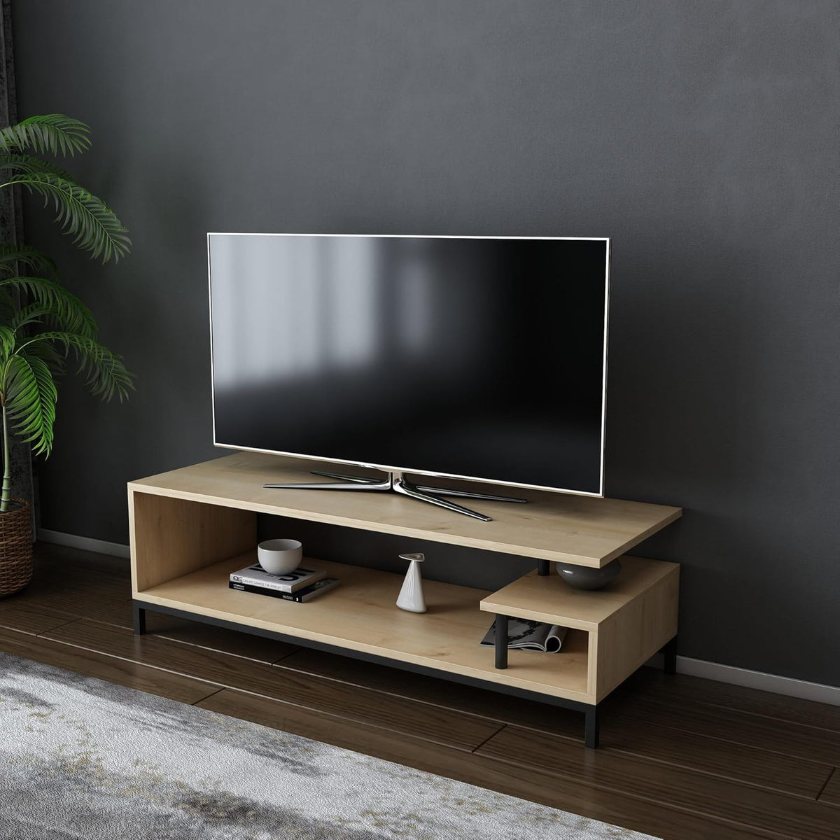 Hanah Home Industriële tv-standaard, zwart & oak, 120 x 44,6 x 37,6 cm, 100% melamine gecoat, deeltjesbord, 18 mm dik, stijlvol en duurzaam, voor moderne woonruimtes