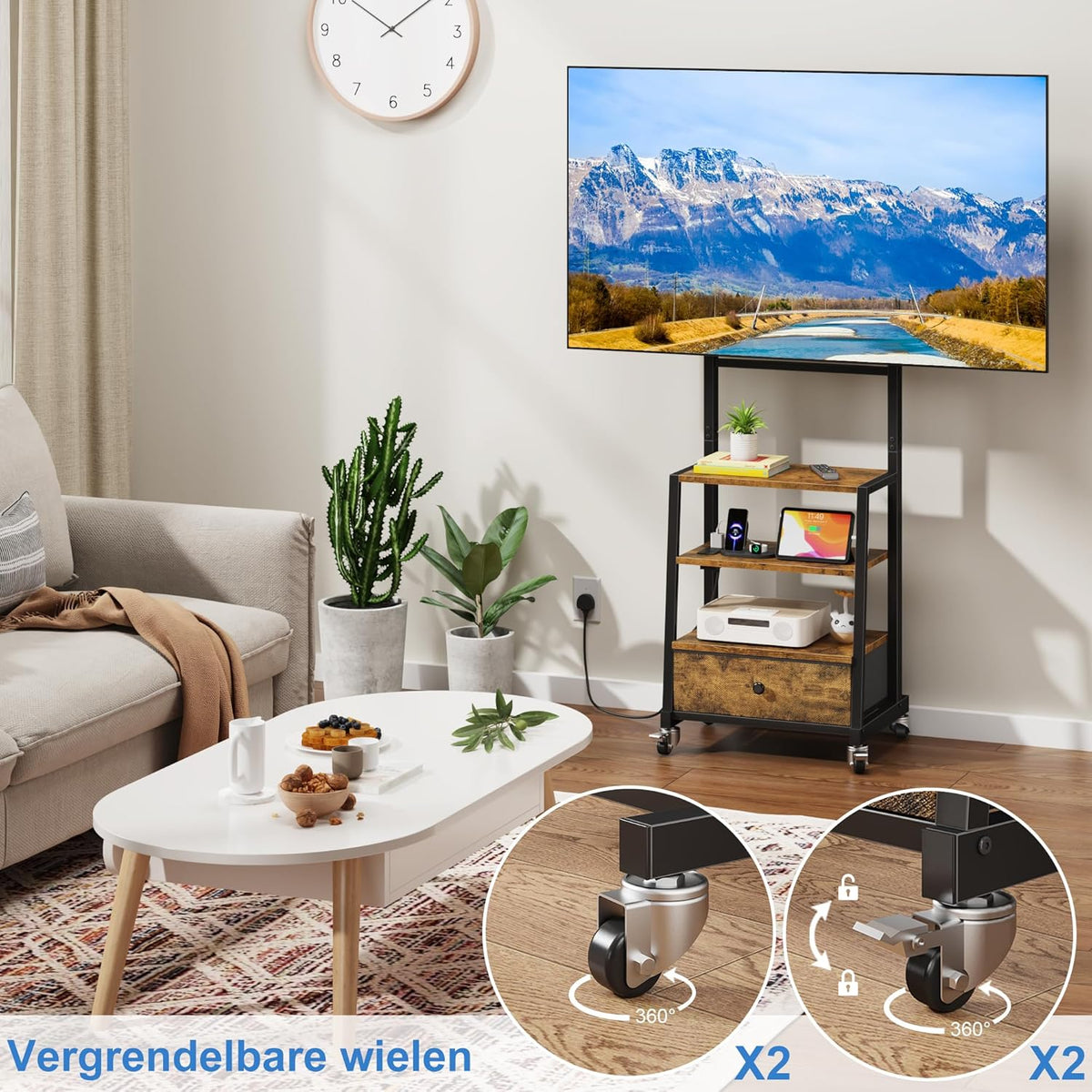 Verrijdbare TV Standaard met Beugel en Stopcontact – In Hoogte Verstelbaar TV Meubel met Lade, Geschikt voor 32–75 Inch TV's, Rustiek Houtlook