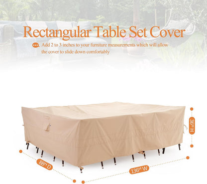 WJ-X3 Grote rechthoekige beige zware terrastafelhoes, 345,4 x 223,5 x 91,4 cm - windbestendig, waterdicht, anti-vervagen - perfect voor sectionele meubelsets buiten