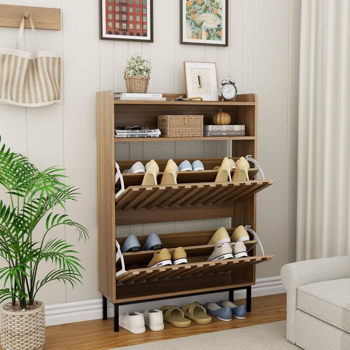 Schoenenkast – Schoenenrek – Schoenenopberger – Schoenenmeubel – Schoenenkastje – Hout – Verstelbare Planken – 80x24x117 cm – Natuurlijk Hout – Kantelbeveiliging