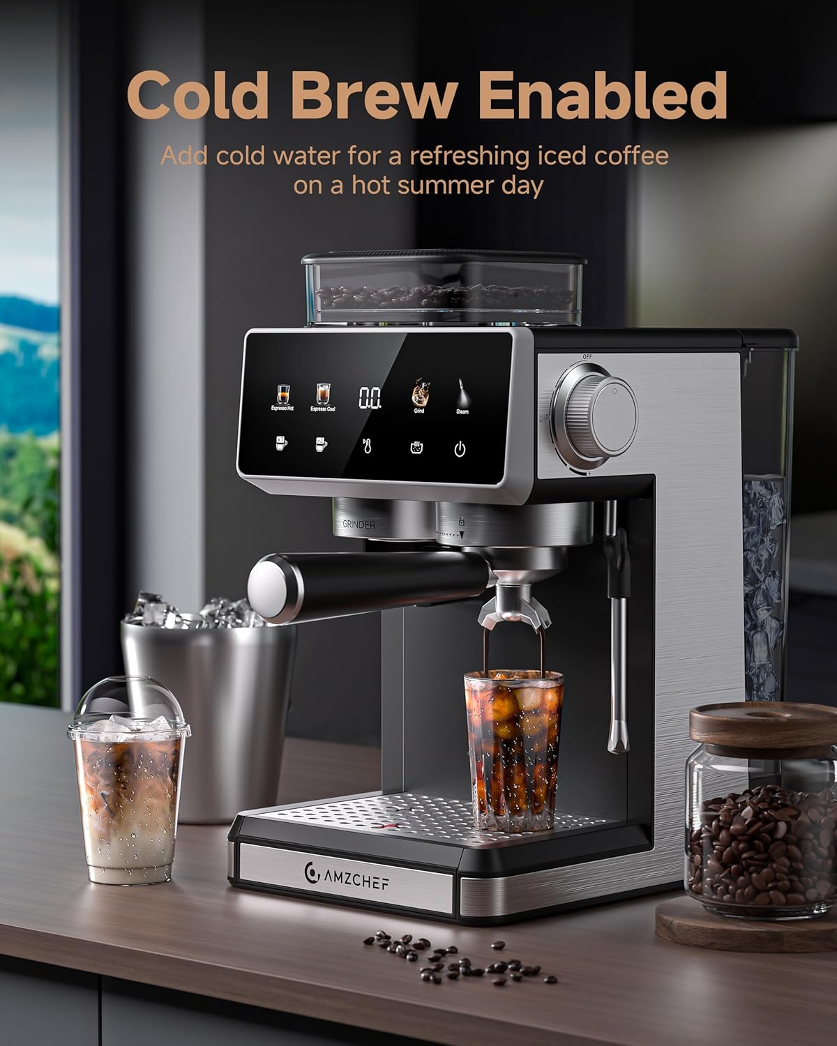 AMZCHEF Zeefdragermachine met maalwerk, 20 bar, espressomachine voor thuis met melkopschuimer, 3 temperatuurniveaus, 20 maalgraden, koud en warm brouwen, touchscreen-display