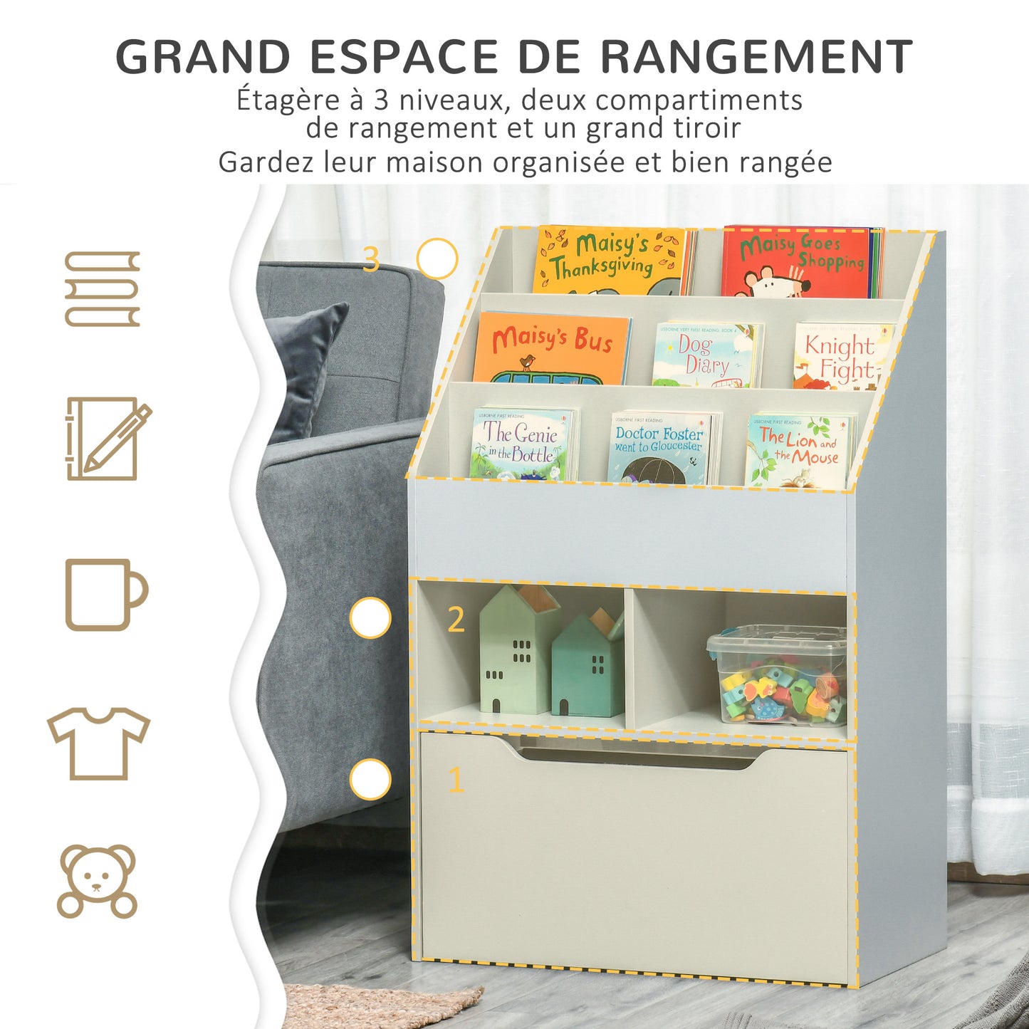 Boekenkast – Kasten – Opbergmeubel – Boekplank – Ladenkast – Grijs – MDF Materiaal – Anti-Kantel Veiligheid