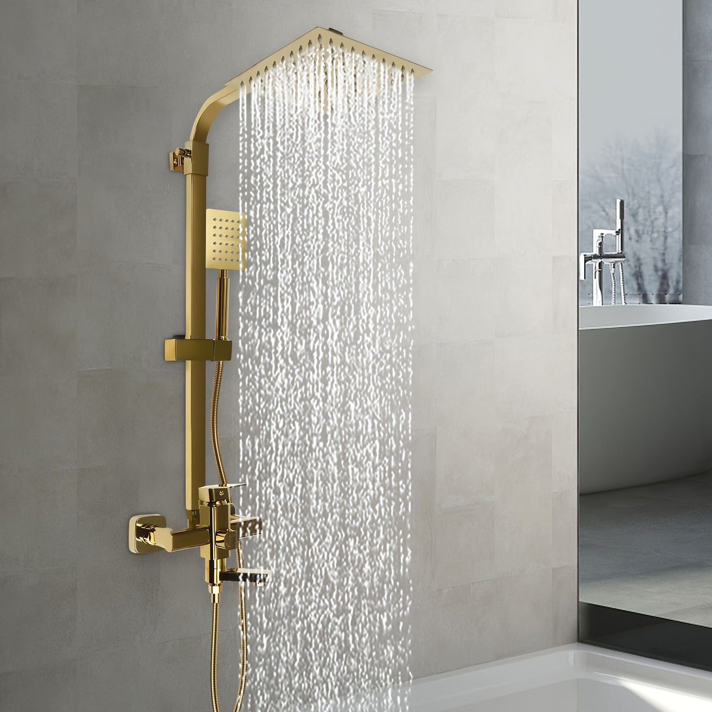 Doucheset – Douche Set – Complete Douche Set – Regendouche Set – Handdouche Set – Luxe Gouden Messing – 20x20 cm Regenval Topdouche – Verstelbare Hoogte 85-124 cm