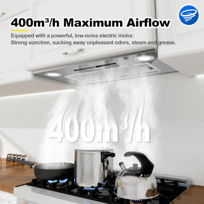 afzuigkap 52 cm, inbouwafzuigkap, 400 m³/u, 3 vermogensstanden en boosterfunctie, gebarenbediening, touchbediening, afzuiging/recirculatie met actieve koolfilter en rookpijp, afzuigkap
