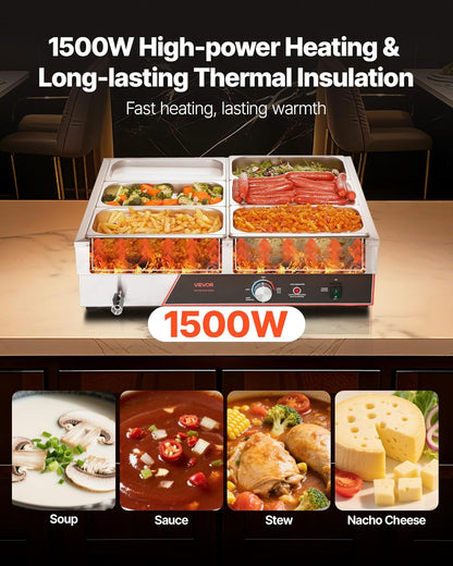 VEVOR Voedselwarmer met 6 containers van 1/3 formaat en netsnoer, roestvrij staal, 1500 W, voor waterbad, restaurants, feestjes en buffetten, 690 x 570 x 220 mm