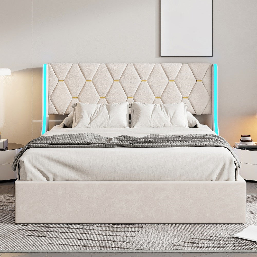 Gestoffeerd Bed – Tweepersoonsbed – Led Bed – Opbergbed – Velvet Bed – 160x200 cm – Inclusief Opbergruimte en Led Verlichting