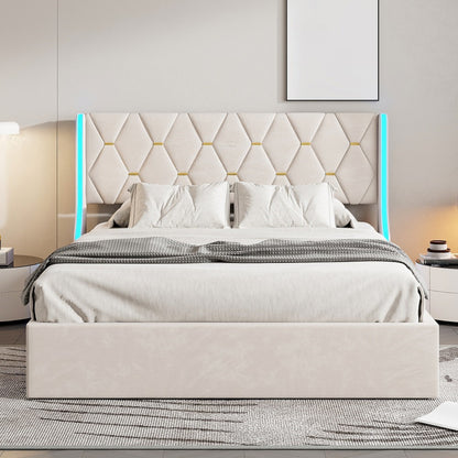 Gestoffeerd Bed – Tweepersoonsbed – Led Bed – Opbergbed – Velvet Bed – 160x200 cm – Inclusief Opbergruimte en Led Verlichting