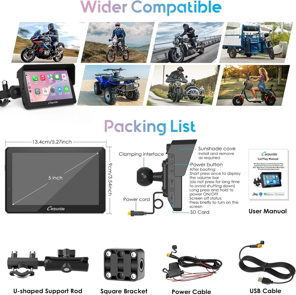 Motorfietsnavigatie – GPS Scherm – Motorfiets GPS – Navigatiesysteem – Telefoonhouder – 5 Inch Waterdicht Touchscreen – Draadloze CarPlay & Android Auto – Dual Bluetooth & Intercom