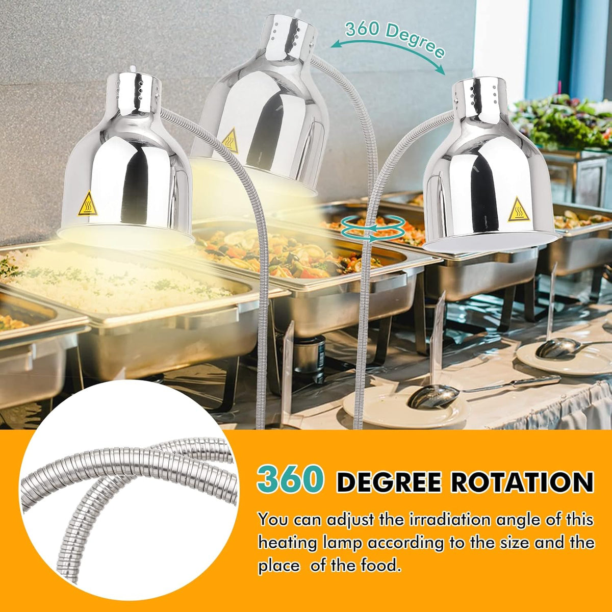 YJINGRUI Vrijstaande voedselverwarmingslamp, 2 x 250 W, zilver, buffet, levensmiddelen, verwarming, lamp met slang, rekbaar tot 70 cm, voor buffet, keuken, restaurant (dubbele lampen)