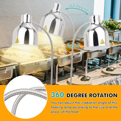 YJINGRUI Vrijstaande voedselverwarmingslamp, 2 x 250 W, zilver, buffet, levensmiddelen, verwarming, lamp met slang, rekbaar tot 70 cm, voor buffet, keuken, restaurant (dubbele lampen)