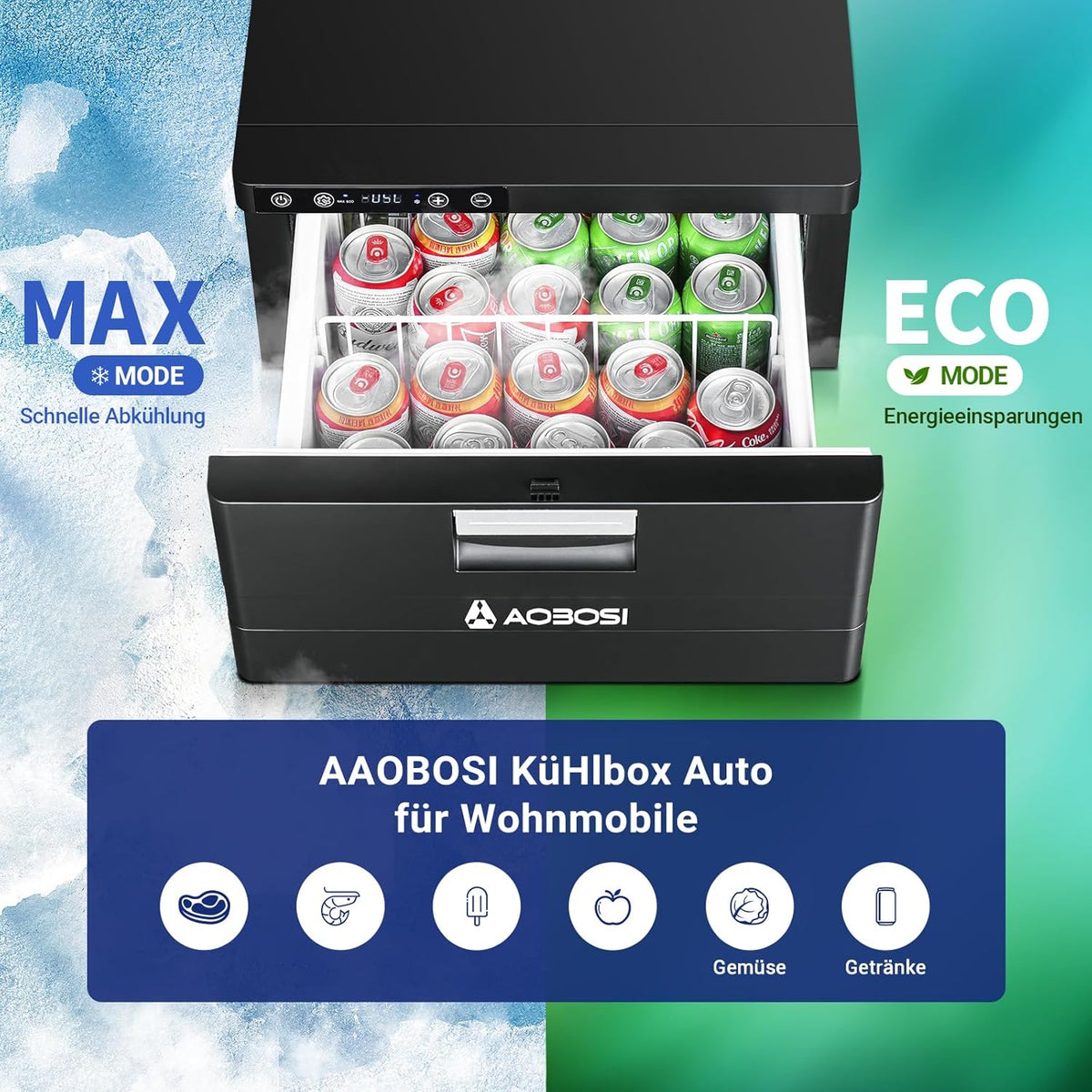 AAOBOSI 31L Compressorkoelkast met Lade, APP-Gestuurde Koelkast Voor Campers, 12/24V, Koelkast Voor Voertuigen, Bereikt -20°C, Geschikt Voor Auto's, Vrachtwagens, Campers, Boten, Kamperen en Reizen