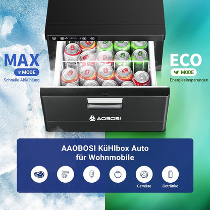 AAOBOSI 31L Compressorkoelkast met Lade, APP-Gestuurde Koelkast Voor Campers, 12/24V, Koelkast Voor Voertuigen, Bereikt -20°C, Geschikt Voor Auto's, Vrachtwagens, Campers, Boten, Kamperen en Reizen