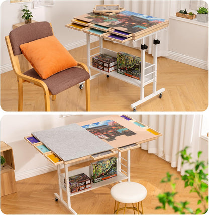 Tektalk 2000/1500/1000 Stuk opvouwbaar puzzelbord met hoogteverstelling, legpuzzeltafel met hoes en 8 sorteerladen/laden, puzzelezel met poten, omsloten met 4 rolwielen