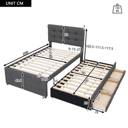 Bedombouw – Familiebed – Uitschuifbed – Opbergbed – Gestoffeerd Bed – 90x200 cm Slaapoppervlak – 3 Grote Lades – Verstelbaar Hoofdbord – Grijze Linnenstof
