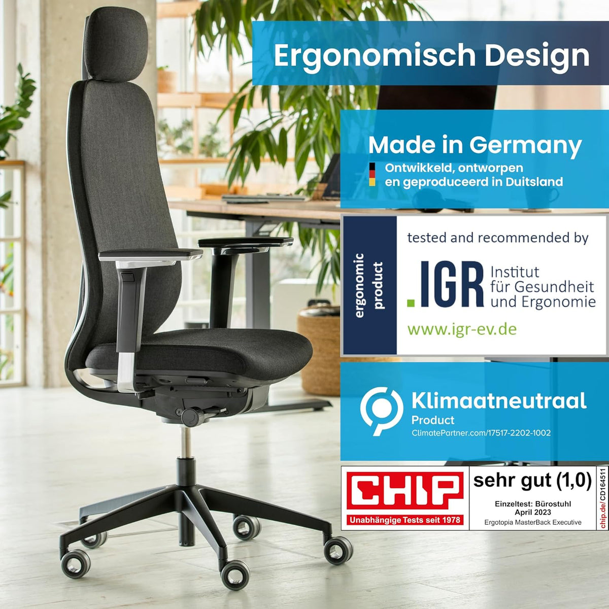 Ergonomische bureaustoel – Bureaustoel Thuiswerken – Draaistoel – Comfortabele Bureaustoel – Kantoestoel – 3D-kantelmechanisme – Verstelbare 5D-armleuningen