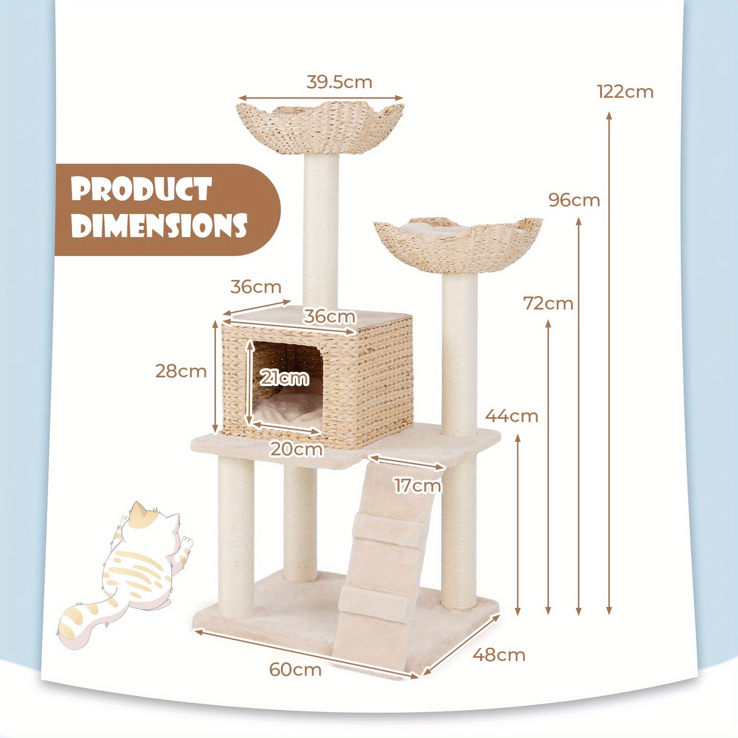 Kattenboom – Krabpaal – Klimpaal – Kattenmeubel – Katzenhuis – Natuurlijk Sisaltouw – Handgevlochten Cat-Tail – Wasbare Kussens – 60x48x122 cm – Stevige Constructie