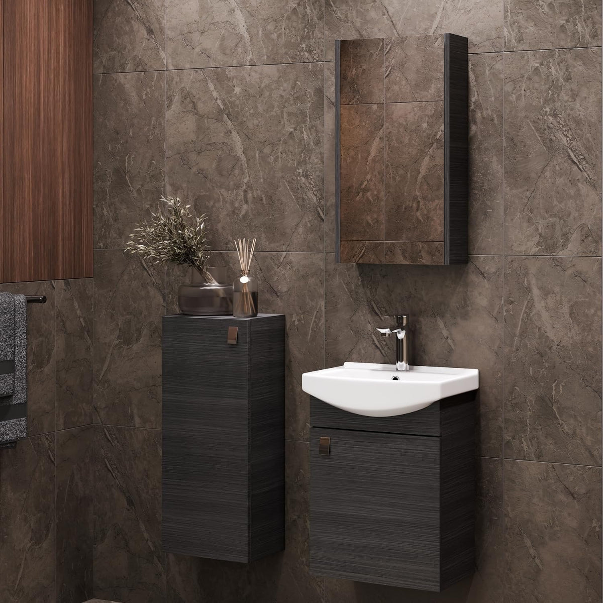 Planetmöbel bathroom cabinet set Washbasin with vanity unit 45 x 60 x 33 cm with mirror cabinet 40 cm, midi cabinet for bathroom & guest toilet, anthracite - QUORE