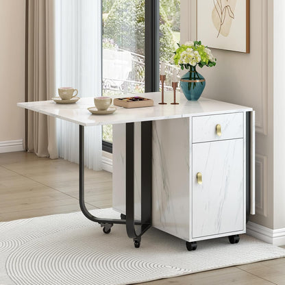 Lexiou Folding Dining Table (1 Piece) with Cabinet and 2 Drawers, Folding Kitchen Table, Versatile Table, Space-Saving Dining Table with 4 Support Legs, with Pulley (Black)